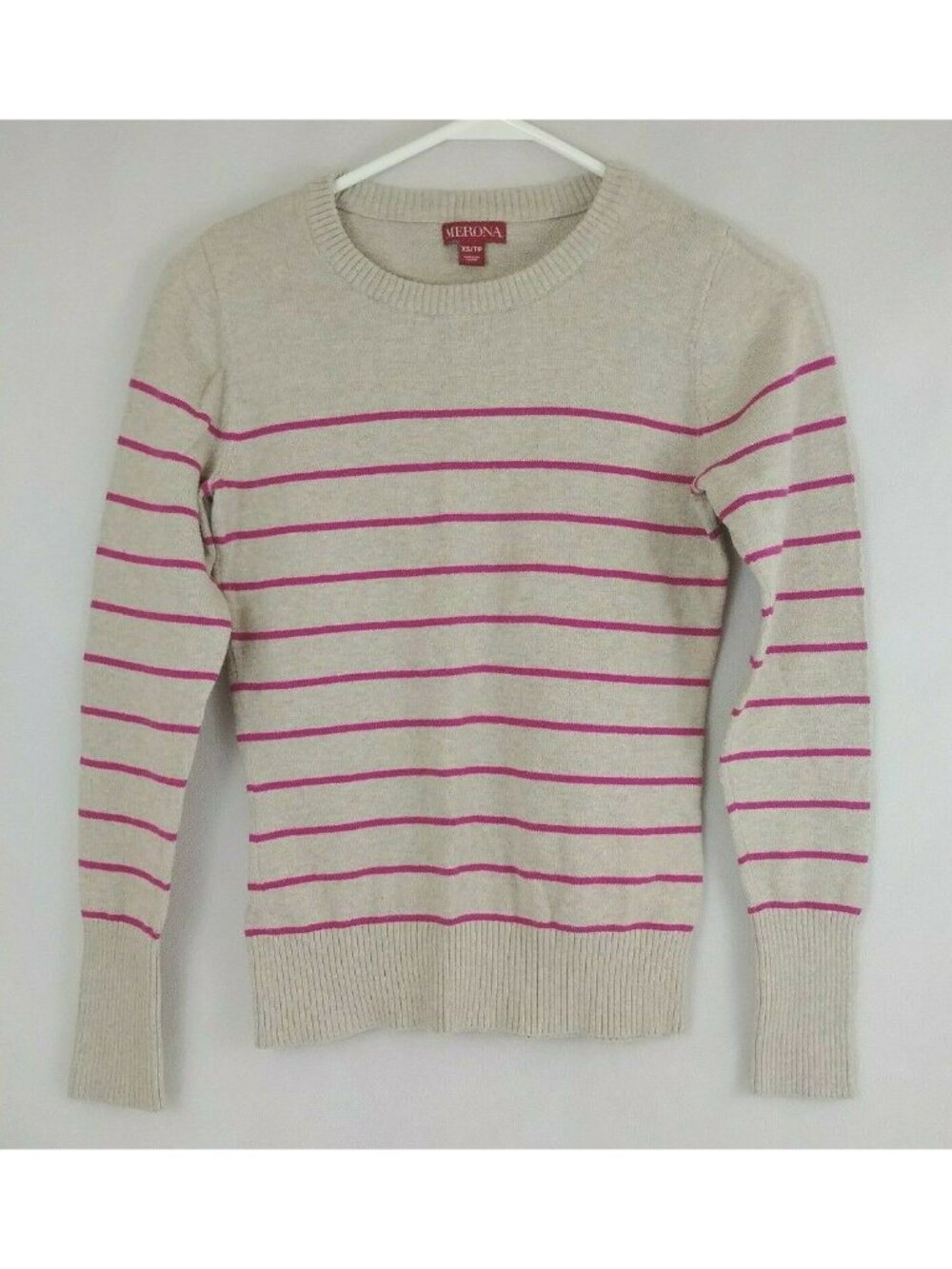 Merona Womens Long Sleeve Beige Sweater With Pink Stripes Size XS/TP